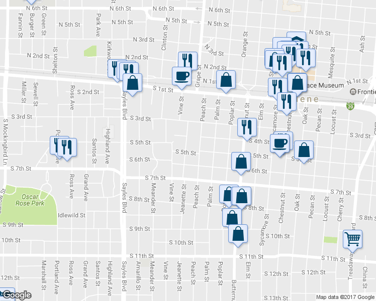 map of restaurants, bars, coffee shops, grocery stores, and more near 449 Jeanette Street in Abilene