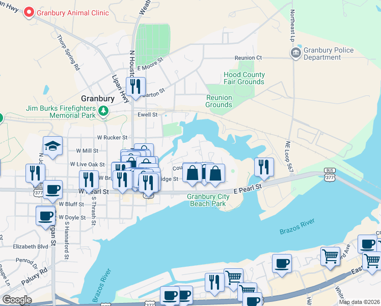 map of restaurants, bars, coffee shops, grocery stores, and more near 507 Mary Lou Court in Granbury