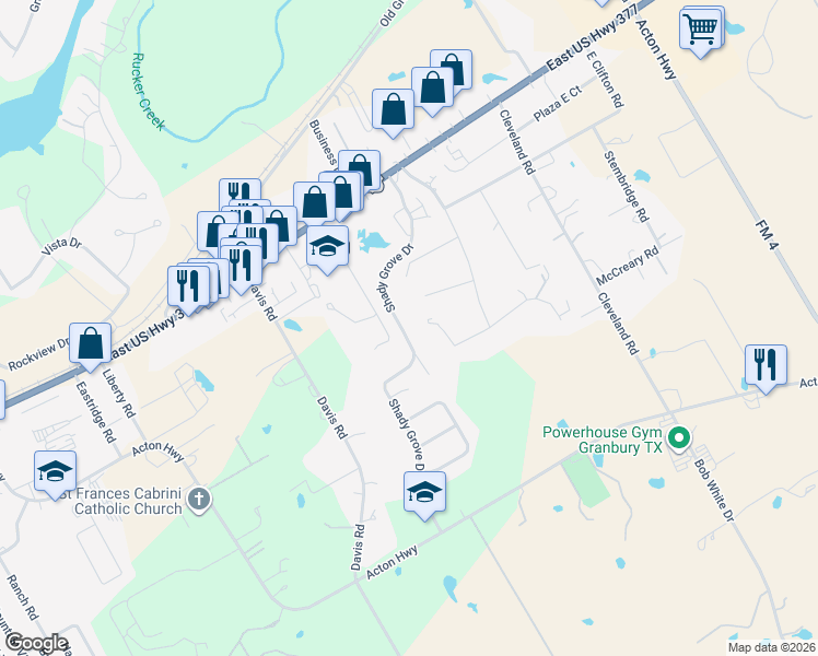 map of restaurants, bars, coffee shops, grocery stores, and more near 603 Shady Grove Dr in Granbury
