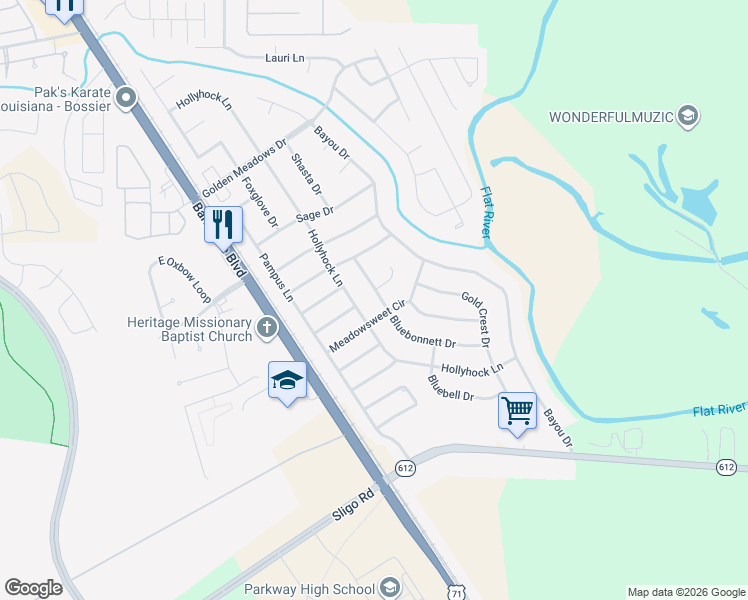 map of restaurants, bars, coffee shops, grocery stores, and more near 5501 Meadowsweet Circle in Bossier City