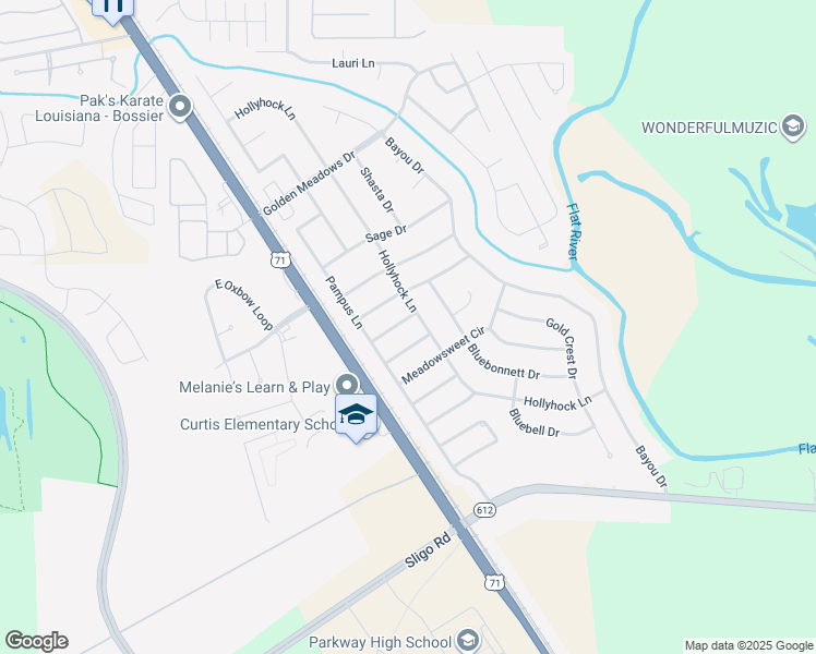 map of restaurants, bars, coffee shops, grocery stores, and more near 5802 Hollyhock Lane in Bossier City