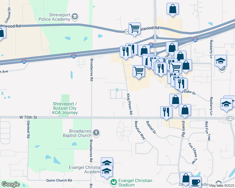 map of restaurants, bars, coffee shops, grocery stores, and more near 6850 Klug Pines Road in Shreveport