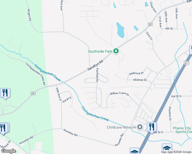 map of restaurants, bars, coffee shops, grocery stores, and more near 6 Lexington Circle in Phenix City