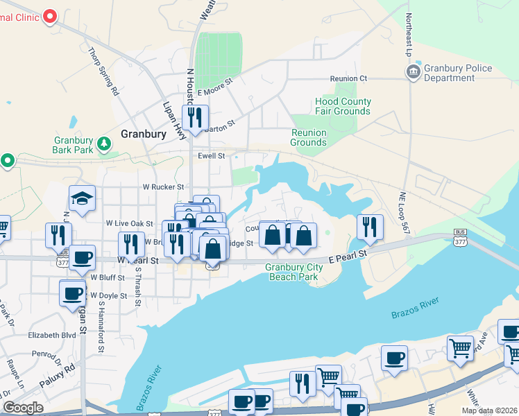 map of restaurants, bars, coffee shops, grocery stores, and more near 507 Mary Lou Court in Granbury