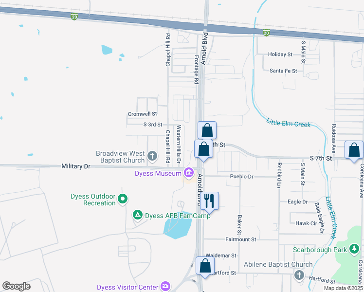 map of restaurants, bars, coffee shops, grocery stores, and more near 433 Western Hills Drive in Abilene