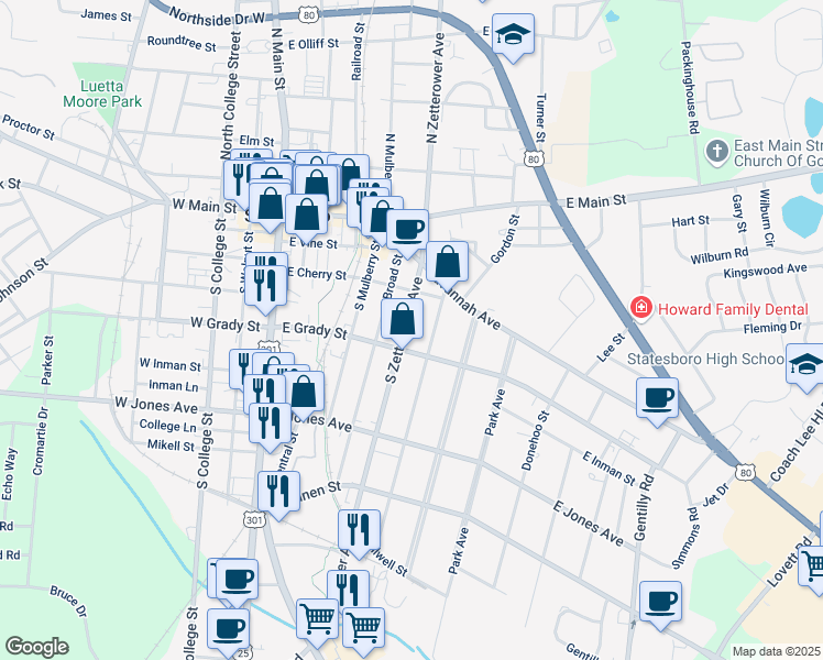 map of restaurants, bars, coffee shops, grocery stores, and more near 112 South Zetterower Avenue in Statesboro