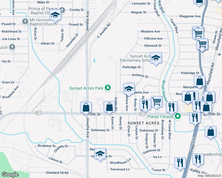 map of restaurants, bars, coffee shops, grocery stores, and more near 6660 Quilen Road in Shreveport