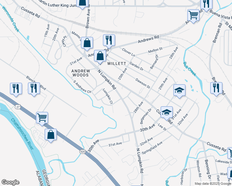 map of restaurants, bars, coffee shops, grocery stores, and more near 2614 North Lumpkin Road in Columbus