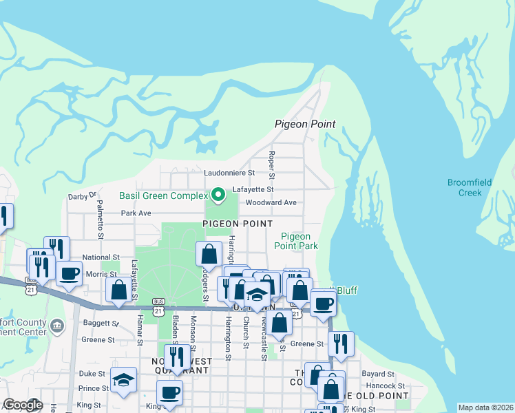 map of restaurants, bars, coffee shops, grocery stores, and more near 1108 Woodward Avenue in Beaufort