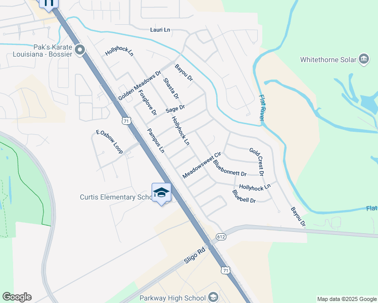 map of restaurants, bars, coffee shops, grocery stores, and more near 5802 Hollyhock Lane in Bossier City