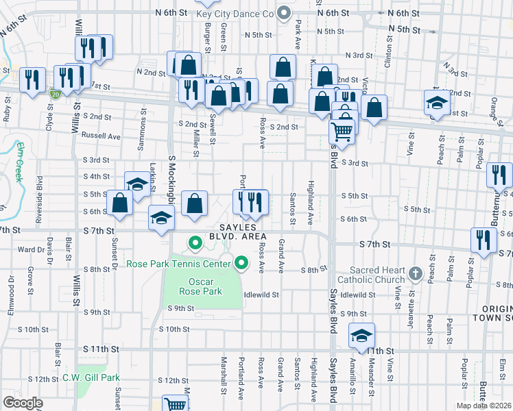 map of restaurants, bars, coffee shops, grocery stores, and more near 526 Ross Avenue in Abilene