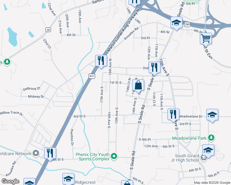 map of restaurants, bars, coffee shops, grocery stores, and more near 1116 15th Avenue South in Phenix City