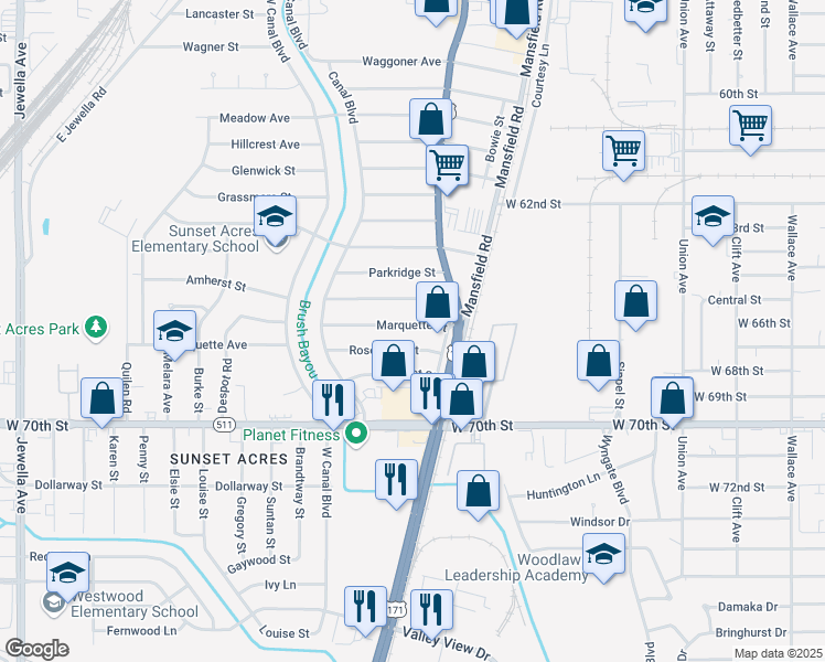 map of restaurants, bars, coffee shops, grocery stores, and more near 2729 Marquette Street in Shreveport