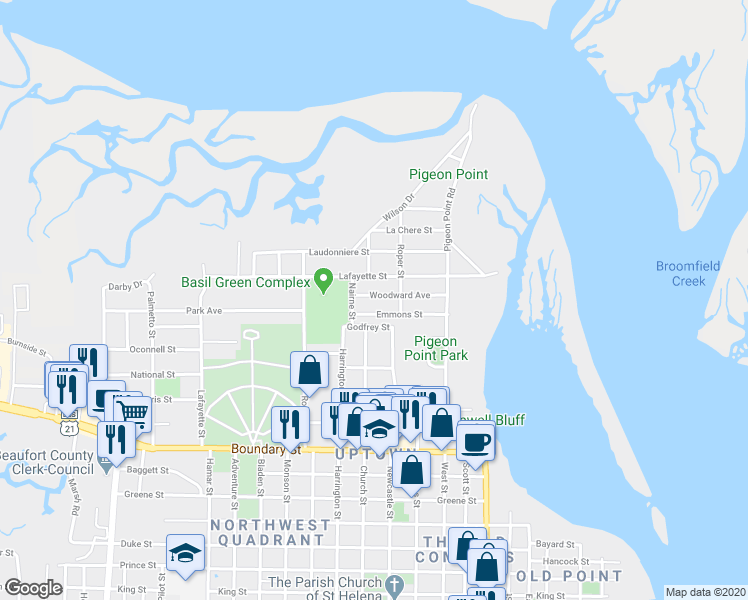 map of restaurants, bars, coffee shops, grocery stores, and more near 1110 Woodward Avenue in Beaufort