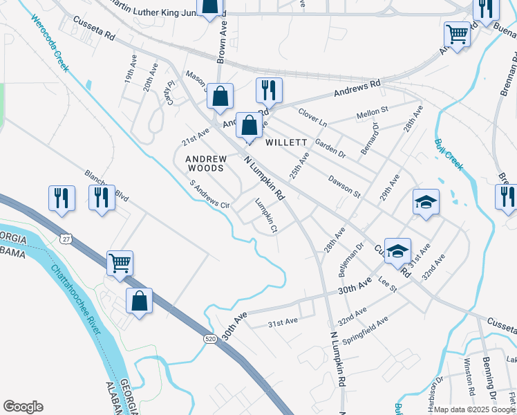 map of restaurants, bars, coffee shops, grocery stores, and more near 2512 Lumpkin Court in Columbus
