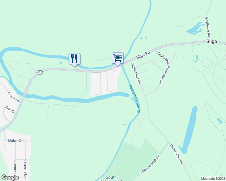 map of restaurants, bars, coffee shops, grocery stores, and more near 417 Bayou Loop in Bossier City