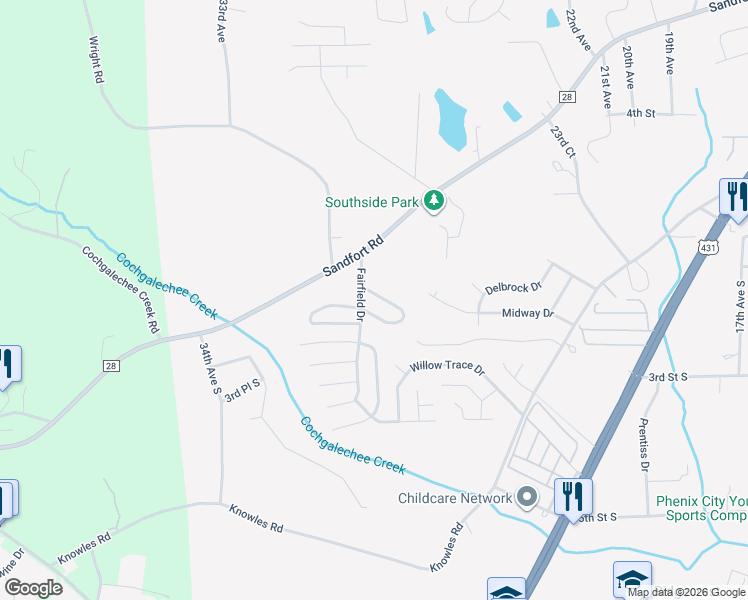 map of restaurants, bars, coffee shops, grocery stores, and more near 6 Lexington Circle in Phenix City