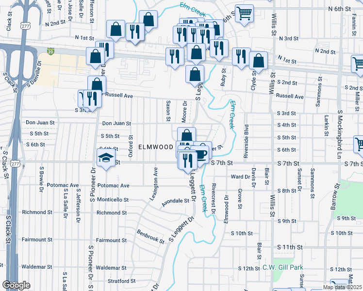 map of restaurants, bars, coffee shops, grocery stores, and more near 4009 Redbud Circle in Abilene