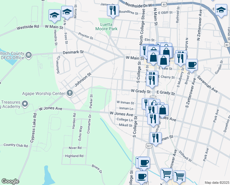 map of restaurants, bars, coffee shops, grocery stores, and more near 202 Institute Street in Statesboro