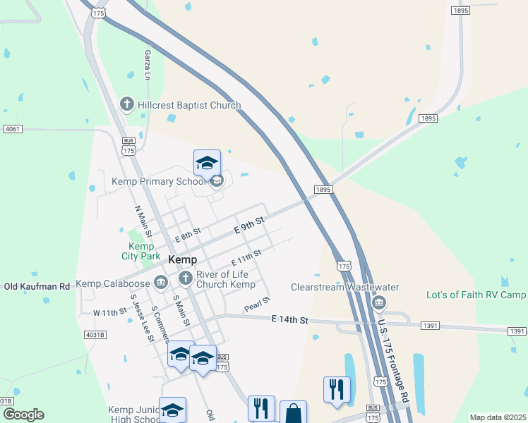 map of restaurants, bars, coffee shops, grocery stores, and more near 805 E 9th St in Kemp