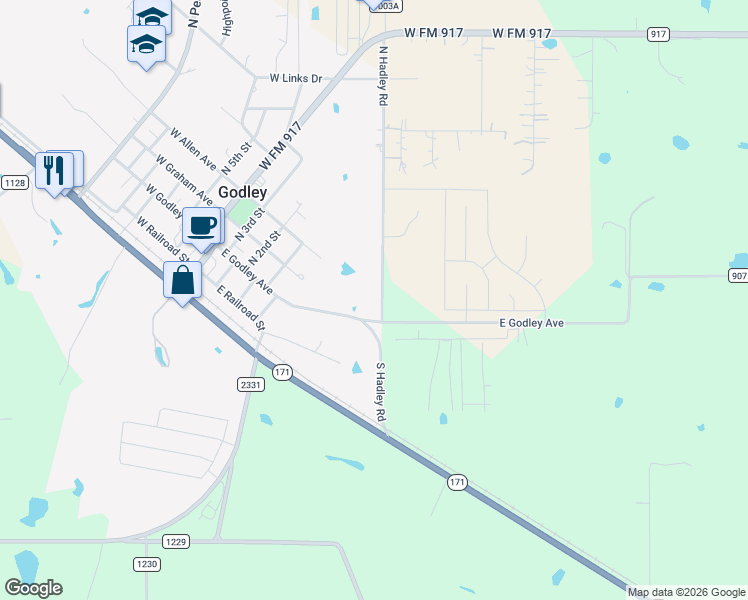 map of restaurants, bars, coffee shops, grocery stores, and more near 105 North Hadley Road in Godley