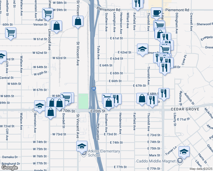 map of restaurants, bars, coffee shops, grocery stores, and more near 200 East 67th Street in Shreveport