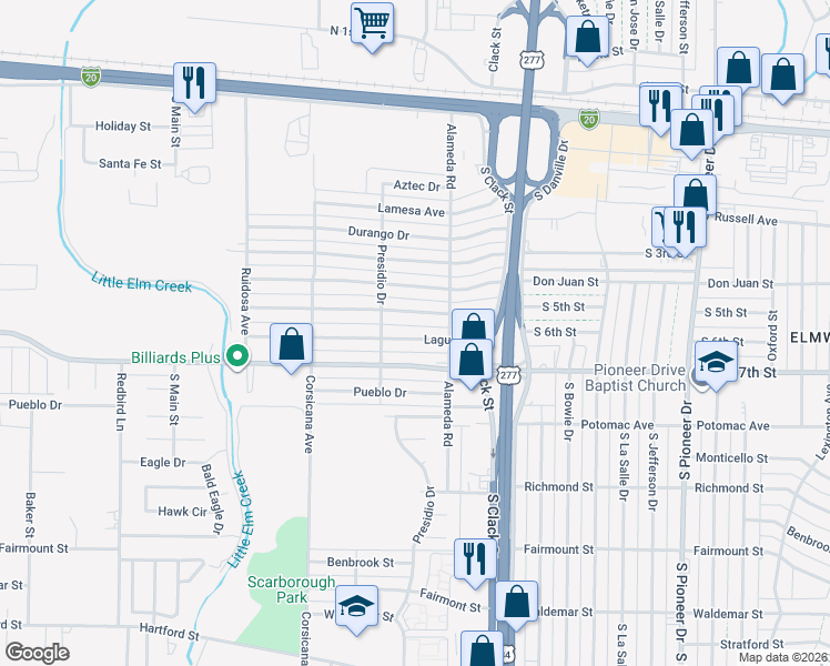 map of restaurants, bars, coffee shops, grocery stores, and more near 5250 Laguna Drive in Abilene