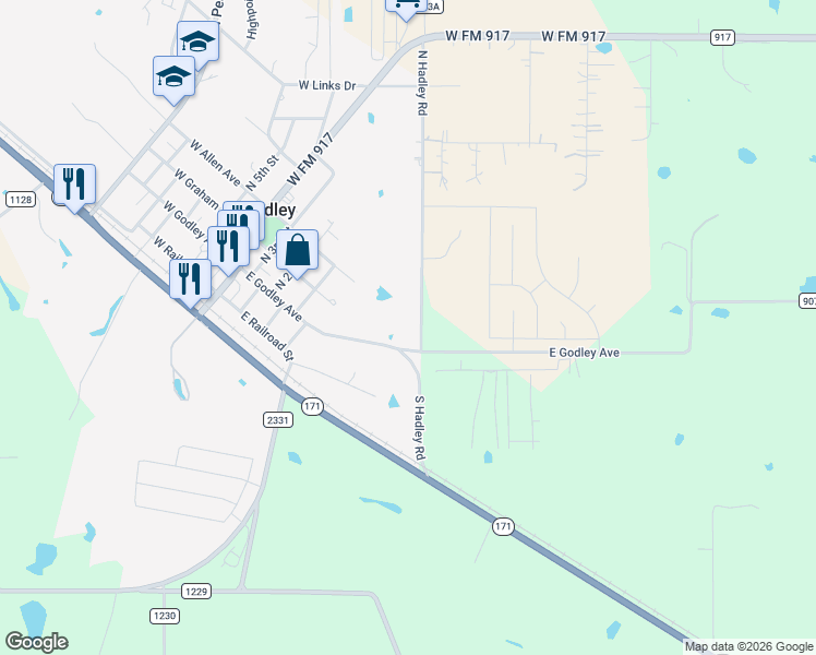 map of restaurants, bars, coffee shops, grocery stores, and more near 105 North Hadley Road in Godley