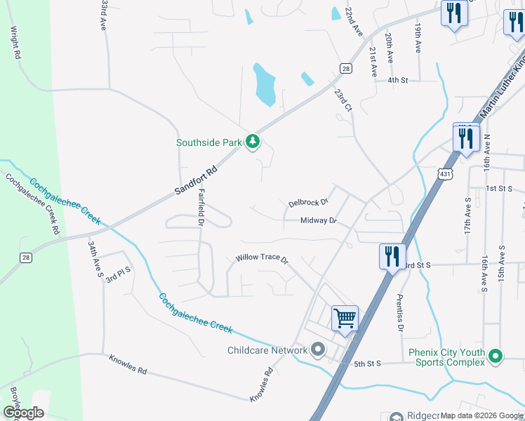map of restaurants, bars, coffee shops, grocery stores, and more near 2413 Midway Drive in Phenix City