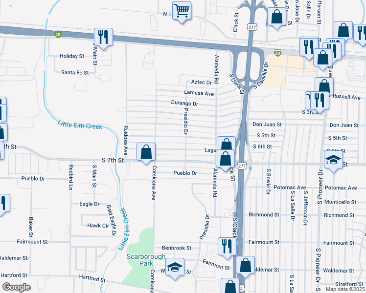 map of restaurants, bars, coffee shops, grocery stores, and more near 5302 Laguna Drive in Abilene