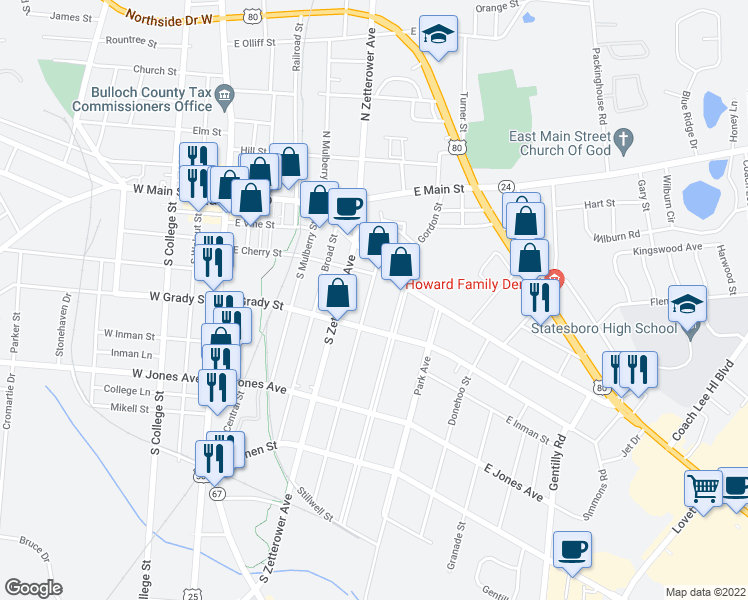 map of restaurants, bars, coffee shops, grocery stores, and more near 104 Donaldson Street in Statesboro