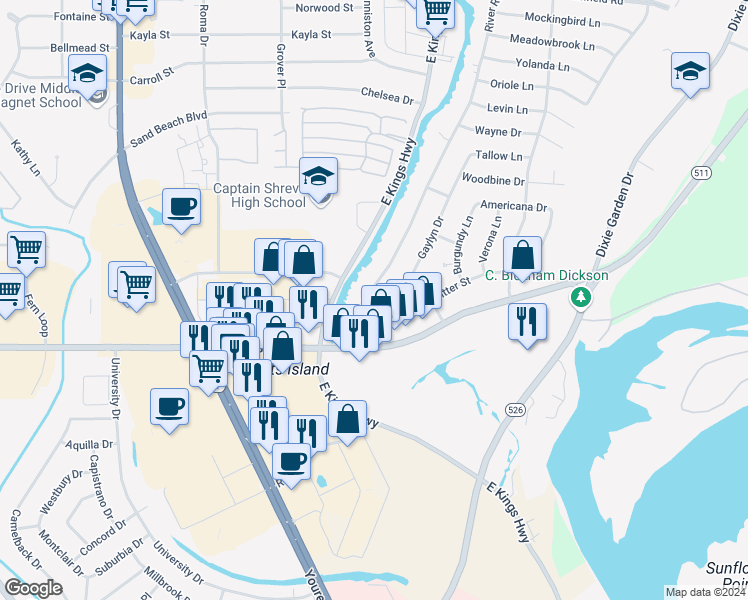 map of restaurants, bars, coffee shops, grocery stores, and more near 6205 River Road in Shreveport