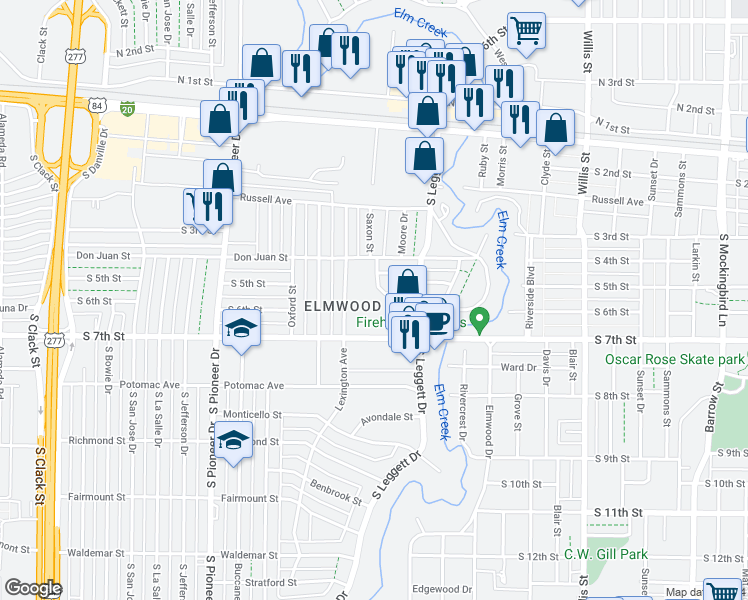 map of restaurants, bars, coffee shops, grocery stores, and more near 4043 Redbud Circle in Abilene