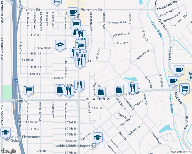map of restaurants, bars, coffee shops, grocery stores, and more near 913 Bethany Street in Shreveport