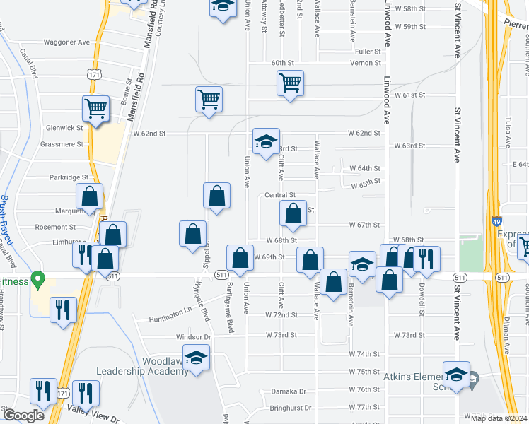 map of restaurants, bars, coffee shops, grocery stores, and more near 6612 Clift Avenue in Shreveport