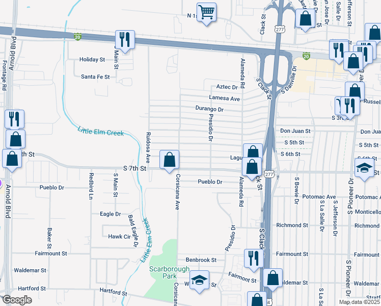 map of restaurants, bars, coffee shops, grocery stores, and more near 5366 Laguna Dr in Abilene