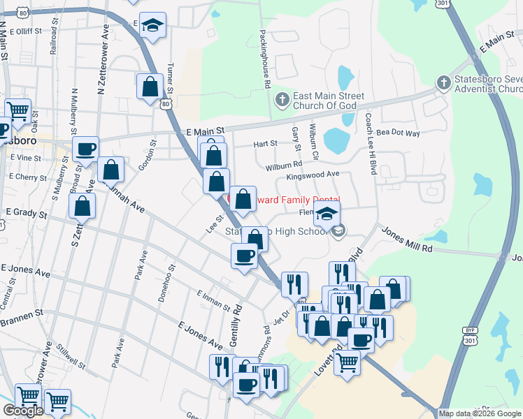 map of restaurants, bars, coffee shops, grocery stores, and more near 9 Carmel Drive in Statesboro