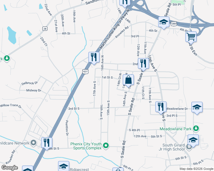 map of restaurants, bars, coffee shops, grocery stores, and more near 1116 15th Avenue South in Phenix City