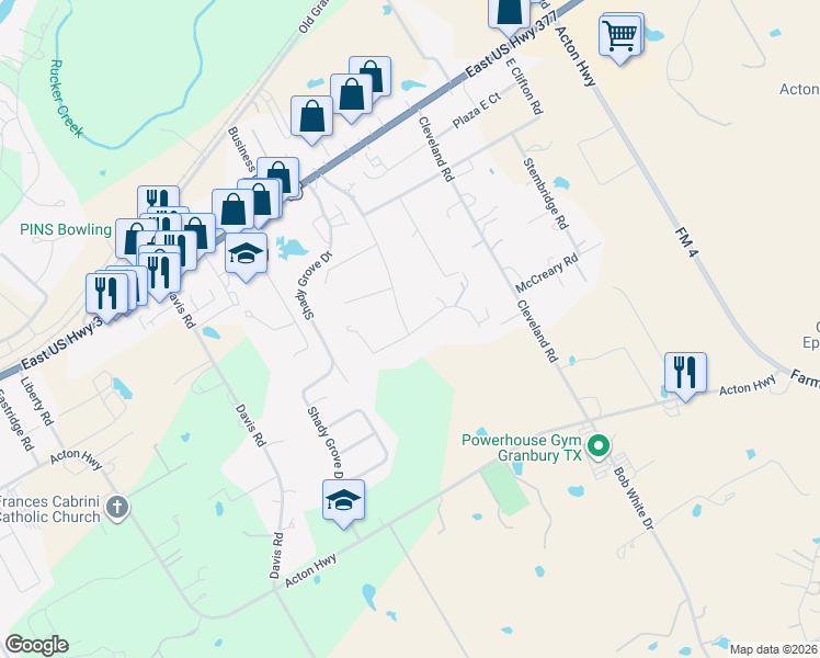 map of restaurants, bars, coffee shops, grocery stores, and more near 3201 West Weems Court in Granbury