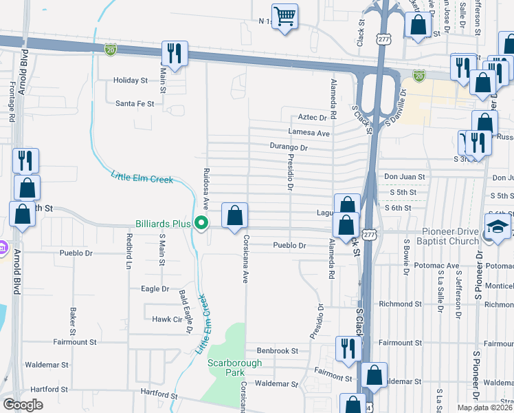 map of restaurants, bars, coffee shops, grocery stores, and more near 5366 Laguna Drive in Abilene