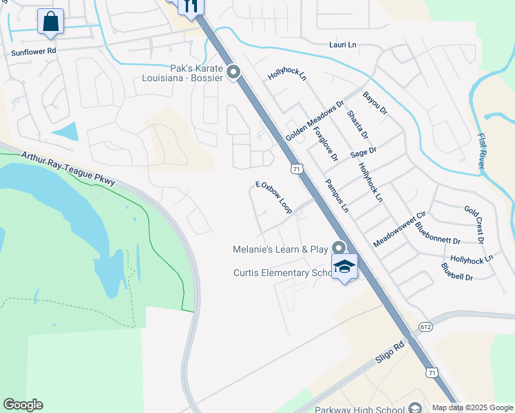 map of restaurants, bars, coffee shops, grocery stores, and more near 6217 West Oxbow Loop in Bossier City
