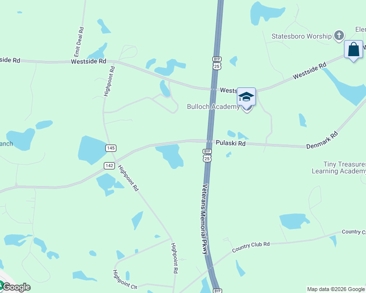 map of restaurants, bars, coffee shops, grocery stores, and more near Pulaski Highway in Statesboro