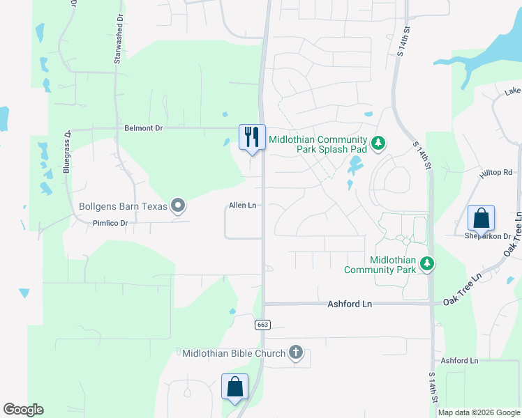 map of restaurants, bars, coffee shops, grocery stores, and more near 3611 FM 664 in Midlothian