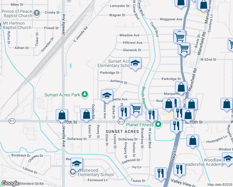 map of restaurants, bars, coffee shops, grocery stores, and more near 6646 Burke Street in Shreveport