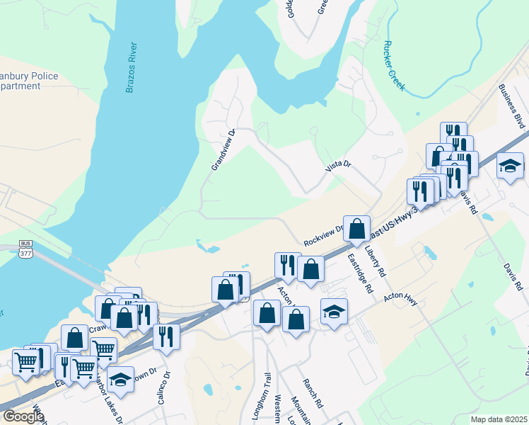 map of restaurants, bars, coffee shops, grocery stores, and more near 1726 Rockview Drive in Granbury