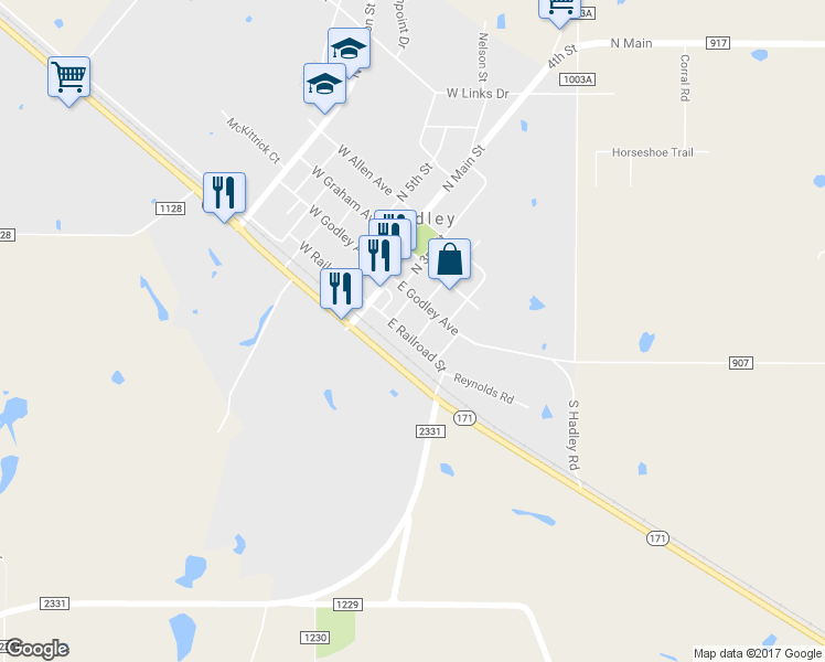 map of restaurants, bars, coffee shops, grocery stores, and more near 112 South 2nd Street in Godley