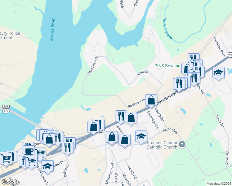map of restaurants, bars, coffee shops, grocery stores, and more near 1726 Rockview Drive in Granbury