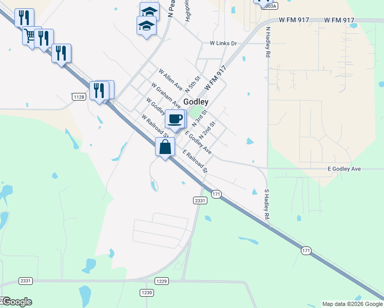 map of restaurants, bars, coffee shops, grocery stores, and more near 112 South 2nd Street in Godley