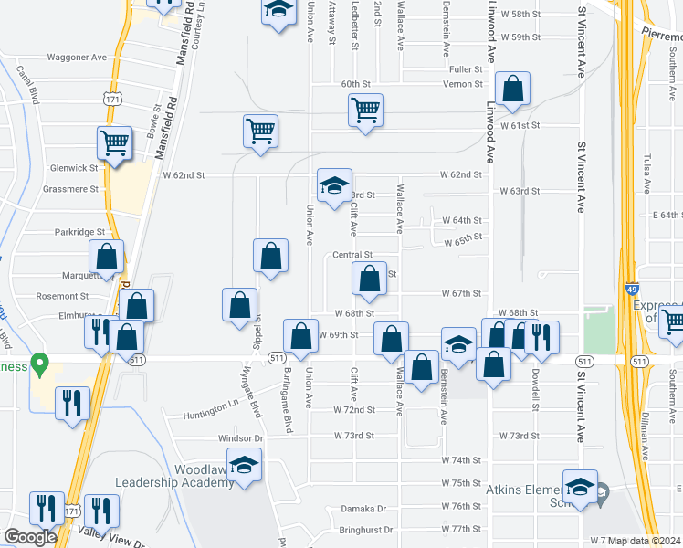 map of restaurants, bars, coffee shops, grocery stores, and more near 6612 Clift Avenue in Shreveport