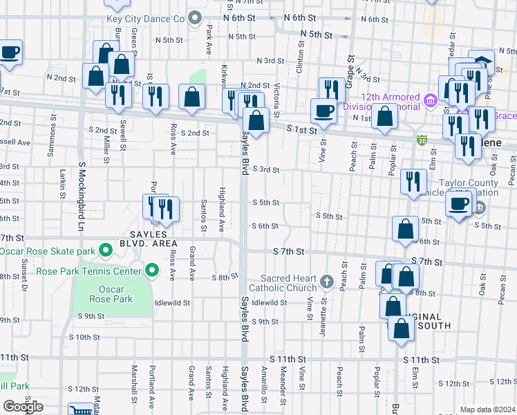 map of restaurants, bars, coffee shops, grocery stores, and more near 2023 South 5th Street in Abilene